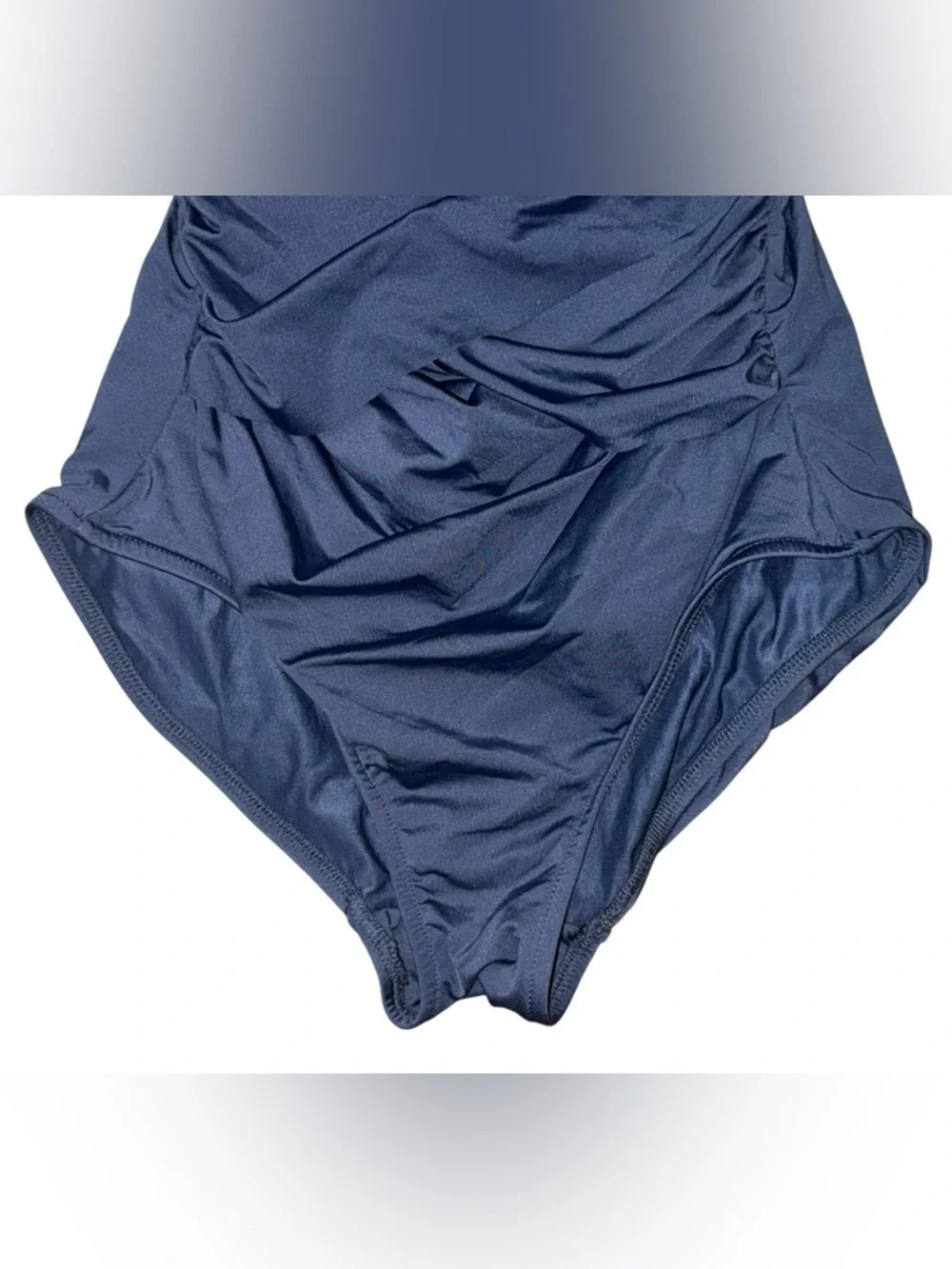 Badgley Mischka Drape Maillot Navy Ruched One-Piece Swimsuit, Size 4 - Picture 3 of 8